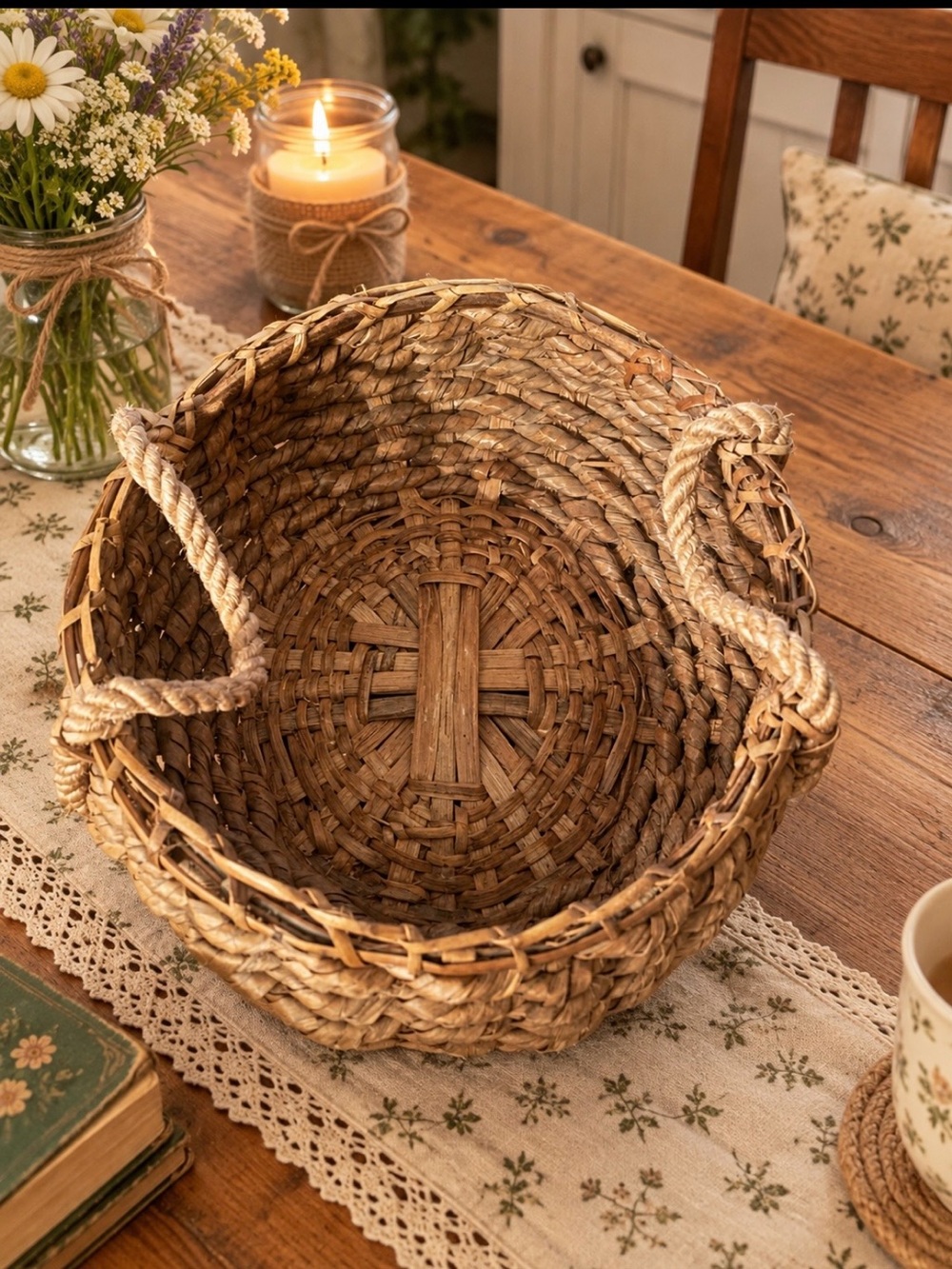 Vintage Gathering Basket Featuring a Reinforced Wooden Base and Rope Handles